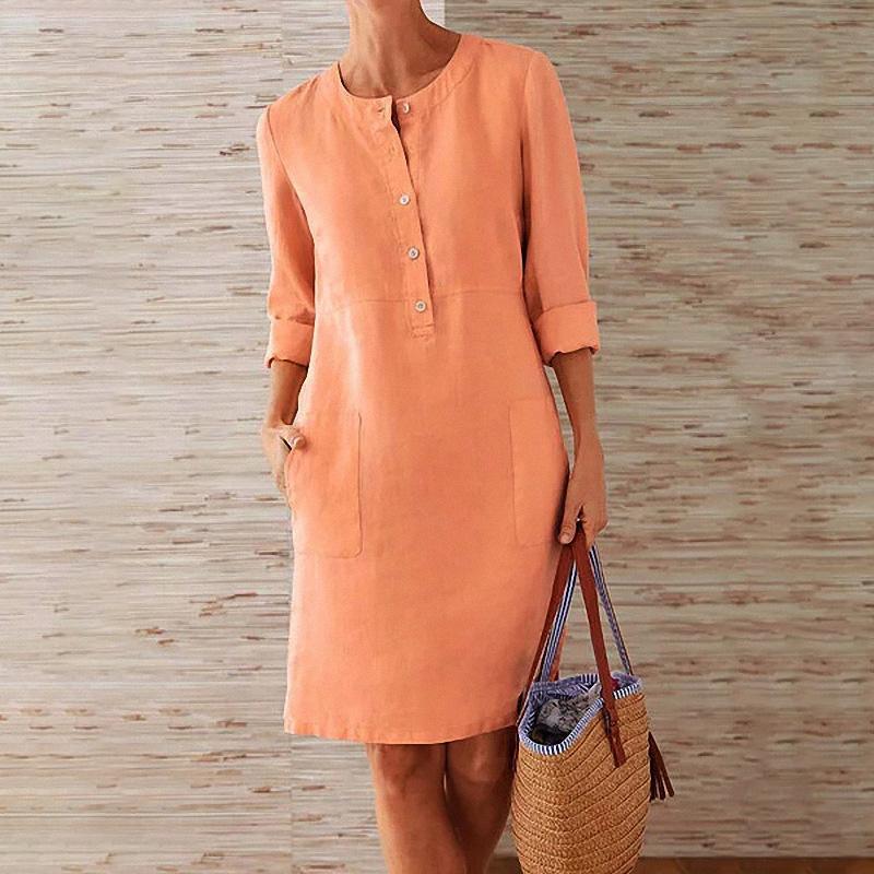 Solid Color Cotton and Linen Dress