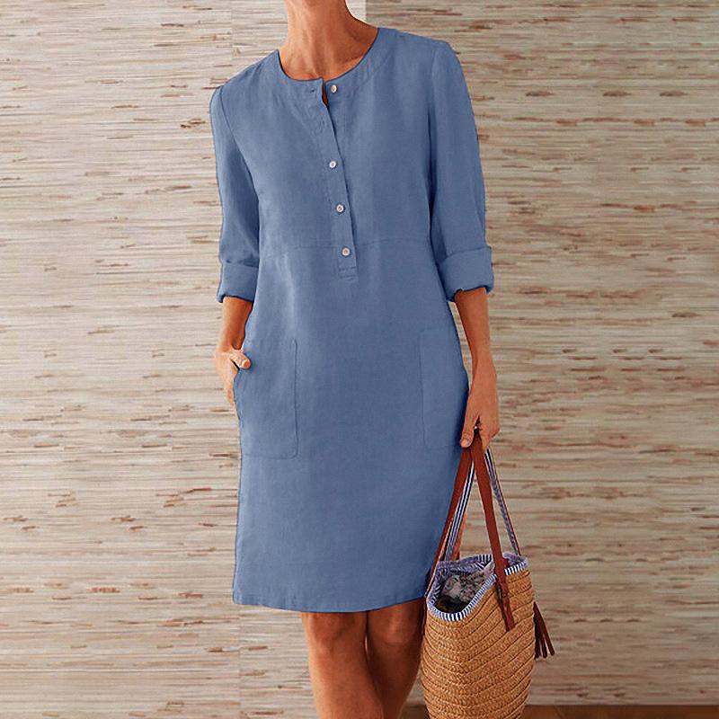 Solid Color Cotton and Linen Dress