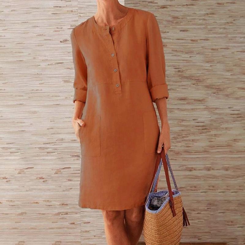 Solid Color Cotton and Linen Dress