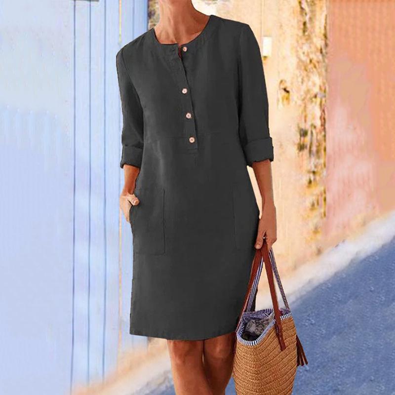 Solid Color Cotton and Linen Dress
