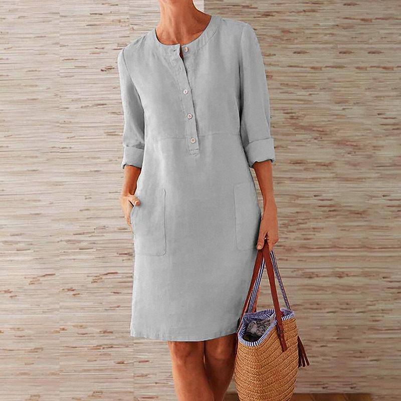 Solid Color Cotton and Linen Dress