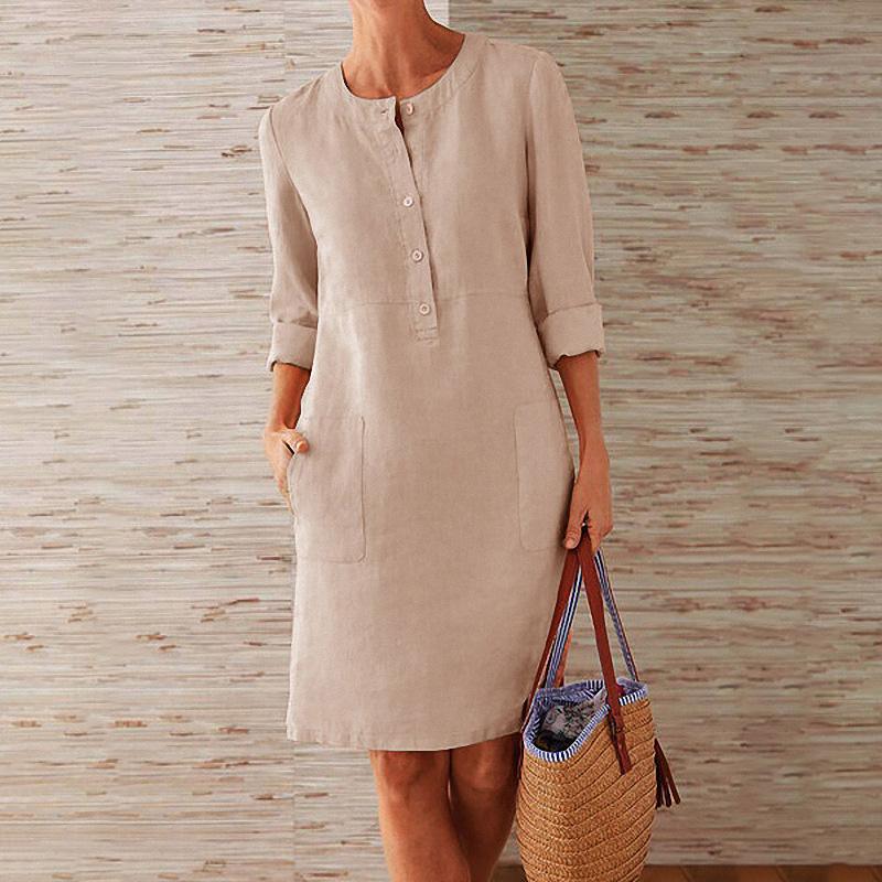 Solid Color Cotton and Linen Dress
